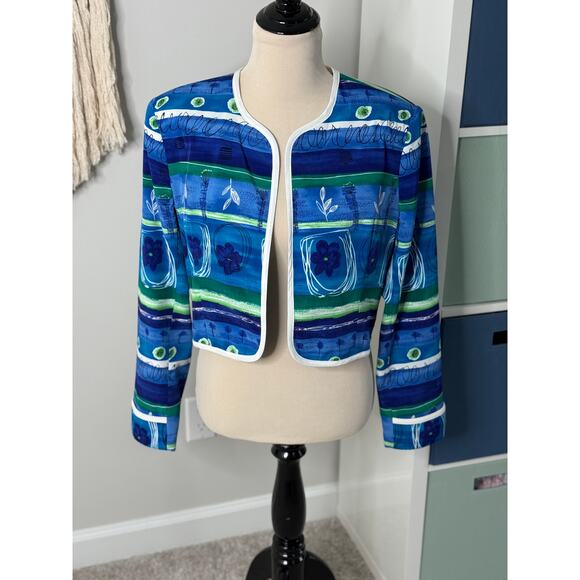 Vintage 1980s Cache Blue Floral Botanical Patchwork Open Jacket Blazer 14 - Picture 1 of 6